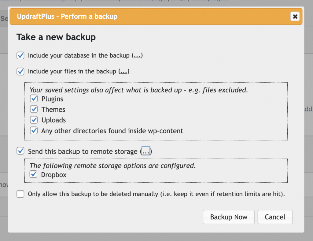 Recommended backup settings for manual UpdraftPlus backups in WordPress